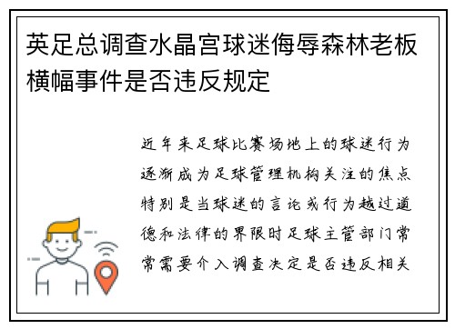 英足总调查水晶宫球迷侮辱森林老板横幅事件是否违反规定