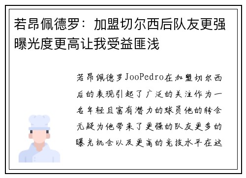 若昂佩德罗：加盟切尔西后队友更强曝光度更高让我受益匪浅